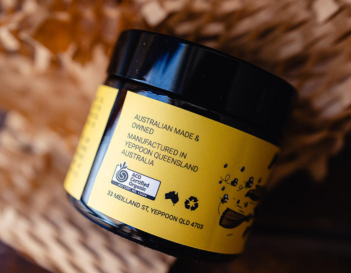 The back of a jar of Healthia Bee Balm showing the Australian Organic certification.