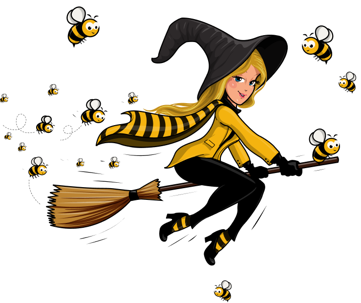 Thia, the illustrated Healthia Bee witch mascot on her broom surrounded by bees.
